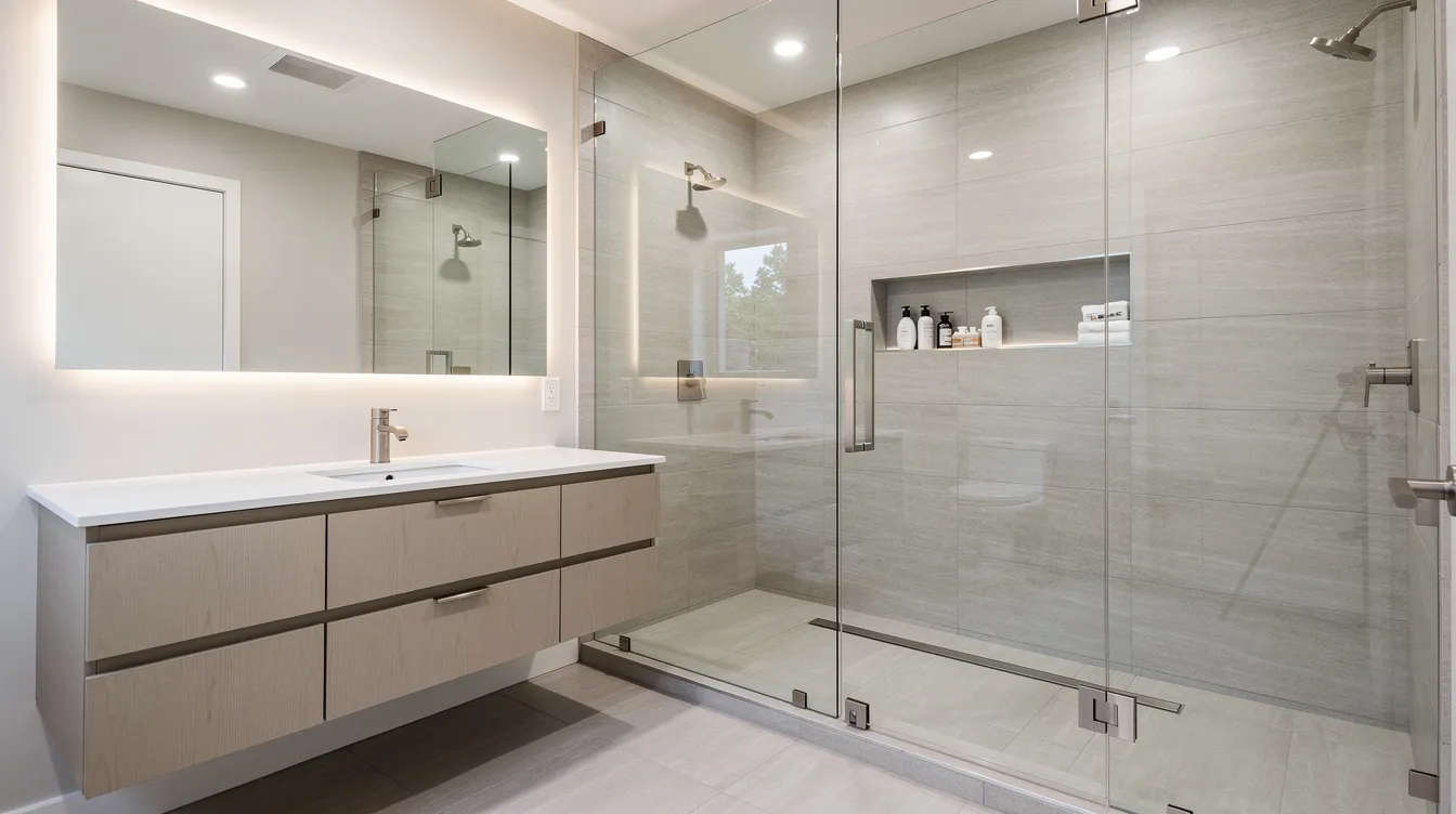 Modern bathroom with double vanity, large mirror, glass shower, and light gray tile accents