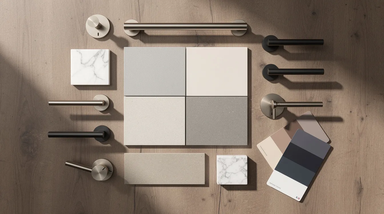 The image features a flat lay of various bathroom renovation materials, including porcelain tile squares, metal fixture handles, quartz countertop pieces, and paint color swatches, all arranged neatly on a wooden surface. This collection showcases options for a bathroom remodeling project, highlighting essential elements for design and installation.