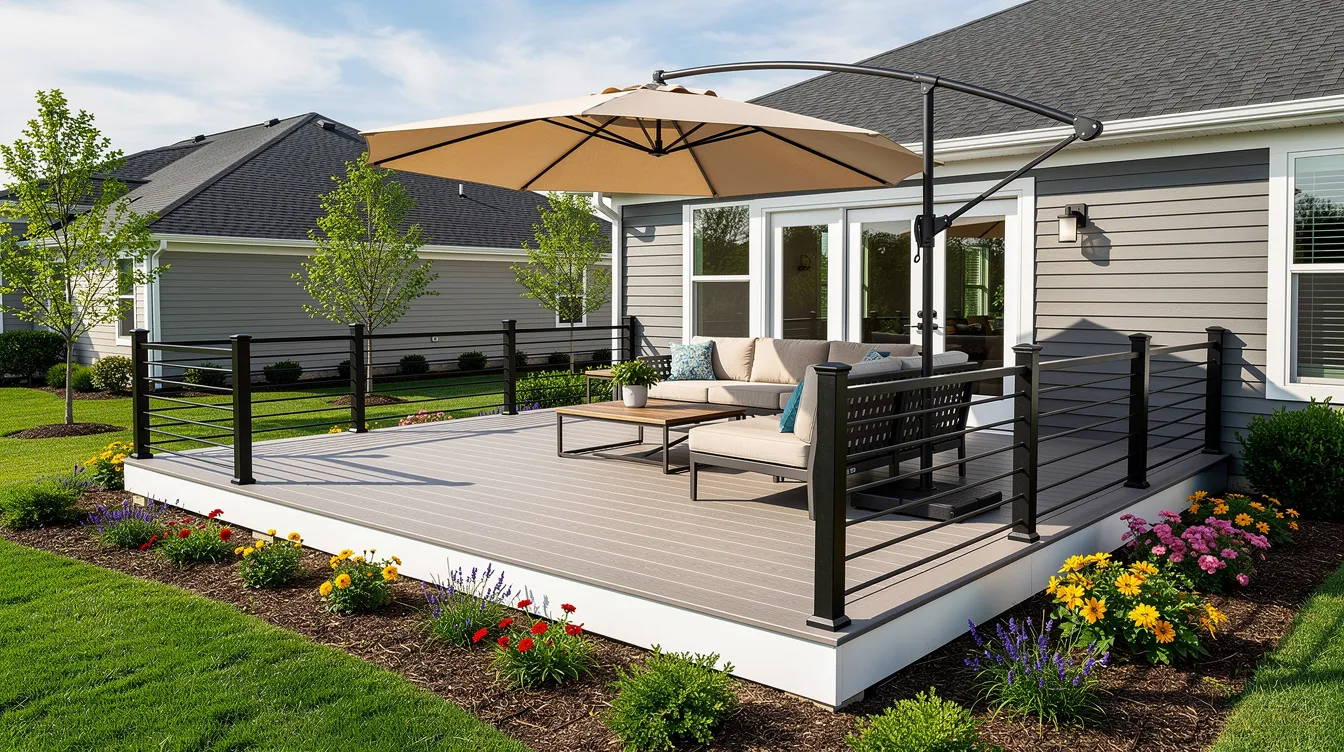 Patio deck with outdoor seating, large umbrella, and flower beds in a suburban backyard