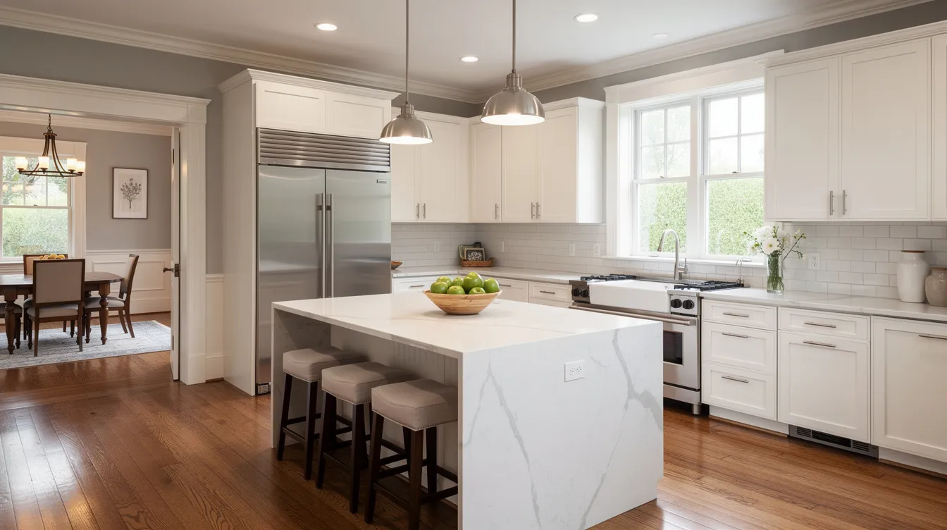 The image showcases a modern kitchen renovation featuring sleek white cabinetry and elegant quartz countertops, embodying a blend of functionality and style in a classic home. This transformation reflects the high-quality workmanship and design vision of a professional remodeling project, perfect for homeowners looking to enhance their living space.