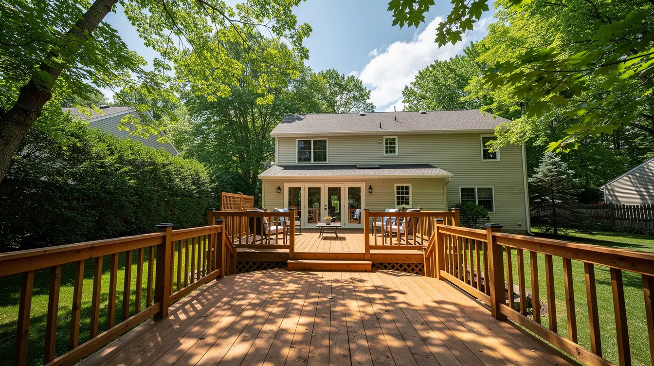 The image depicts a spacious wooden deck, crafted from durable wood decking, attached to a suburban home in New Jersey, surrounded by lush green trees. This inviting outdoor space showcases the beauty of natural materials, perfect for homeowners looking to enhance their backyard with a stunning deck project.