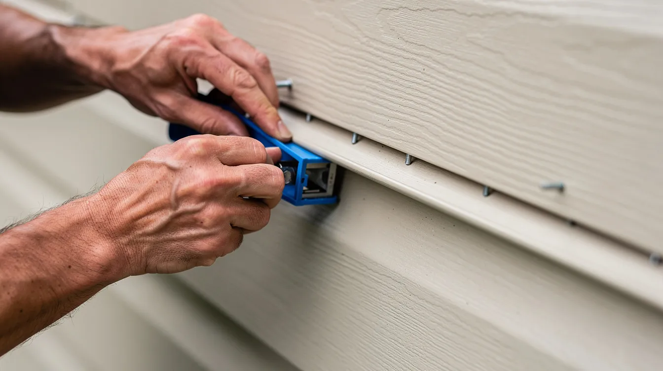 A close-up view shows hands skillfully using a zip tool to install vinyl siding panels, highlighting the precision needed for replacing damaged siding on a home's exterior. The image captures the intricate process of securing the new siding while ensuring a tight fit against the existing structure.