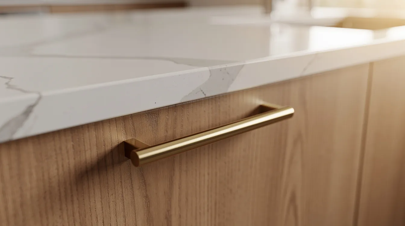 A close-up view of a beautiful quartz countertop showcases the warm tones of wood cabinetry and elegant brushed brass hardware, highlighting the craftsmanship in this kitchen renovation. This inviting kitchen space reflects quality design, ideal for New Jersey homeowners seeking a trusted kitchen remodeling company for their next project.