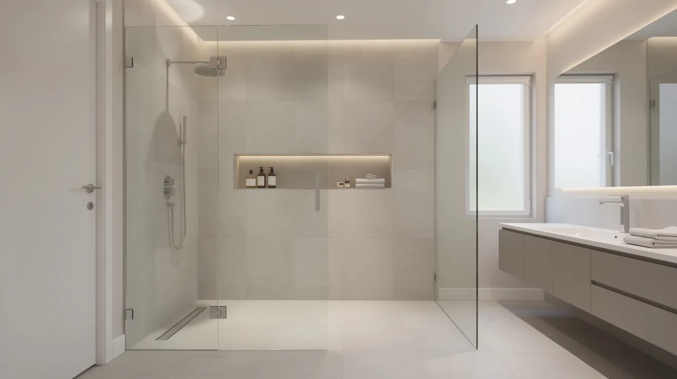 The image features a modern walk-in shower with a sleek glass enclosure, surrounded by neutral tiles, showcasing a recently completed bathroom remodeling project. The spacious design emphasizes accessibility and functionality, making it an ideal choice for a full bathroom renovation.