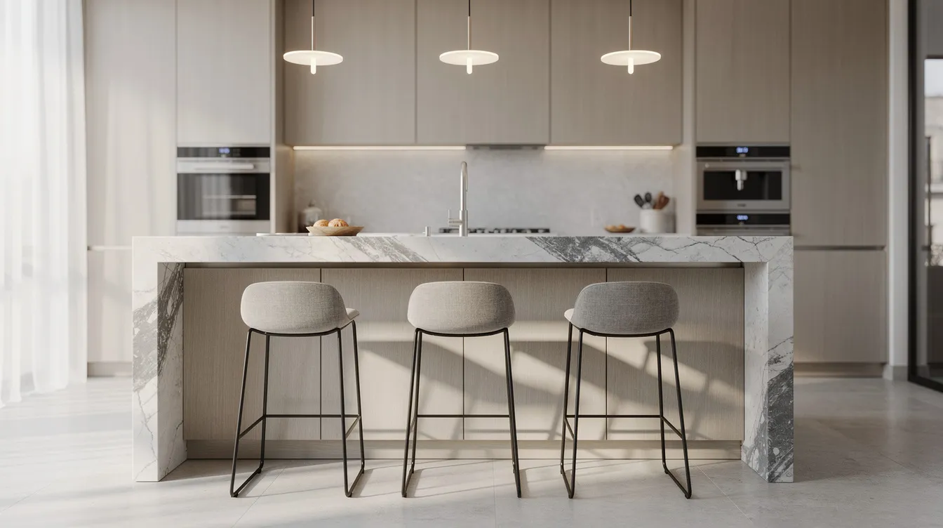 The image features a spacious kitchen island with elegant waterfall marble edges, complemented by three modern low-back bar stools. Pendant lights hang above, illuminating the sleek surfaces and light wood cabinets, creating a contemporary kitchen design that emphasizes clean lines and ample counter space.