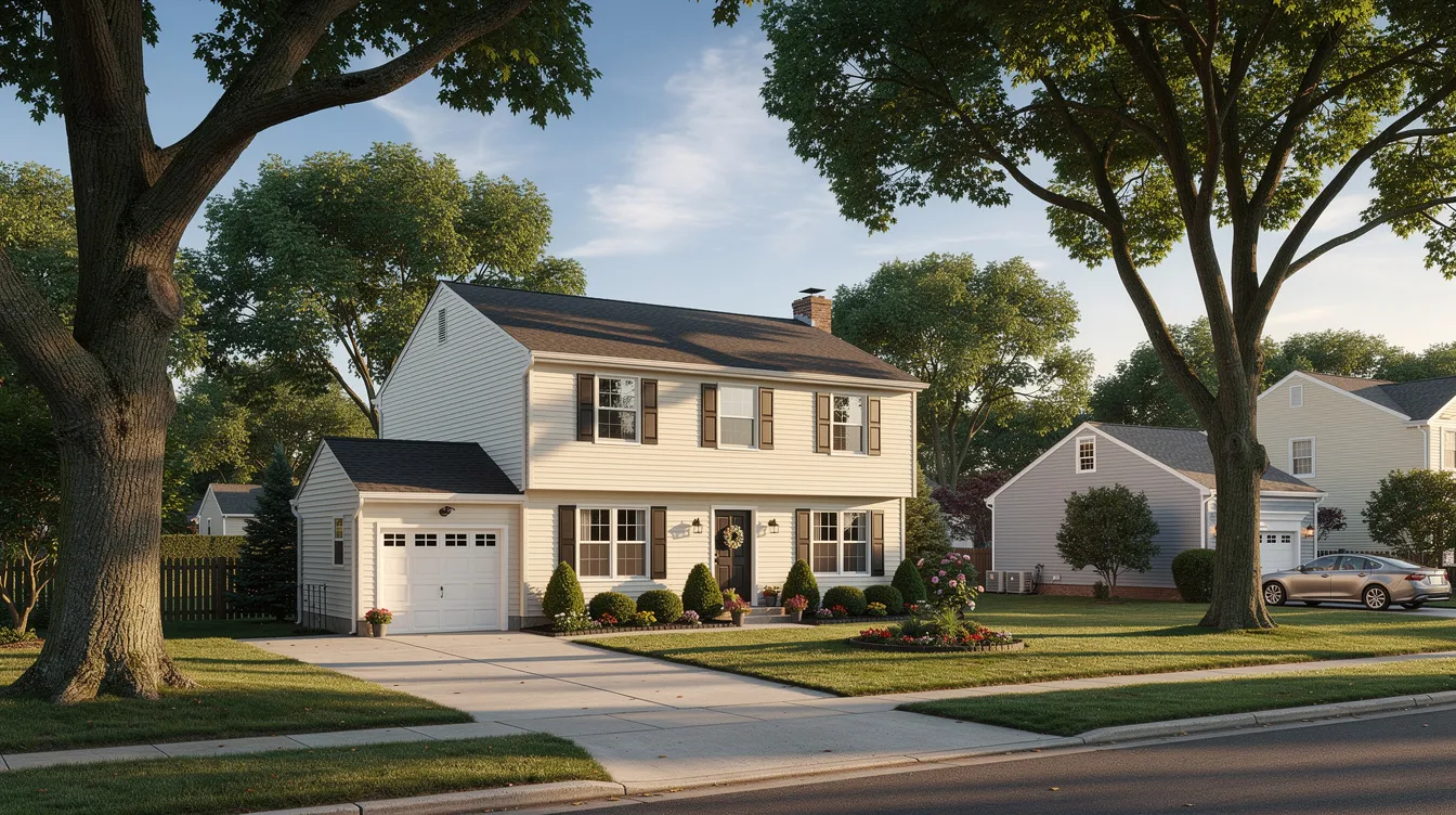 The image depicts a charming suburban home in New Jersey, showcasing freshly installed fiber cement siding that enhances its exterior appeal. Surrounded by lush trees on a quiet street, this siding project exemplifies quality workmanship and modern home improvement.