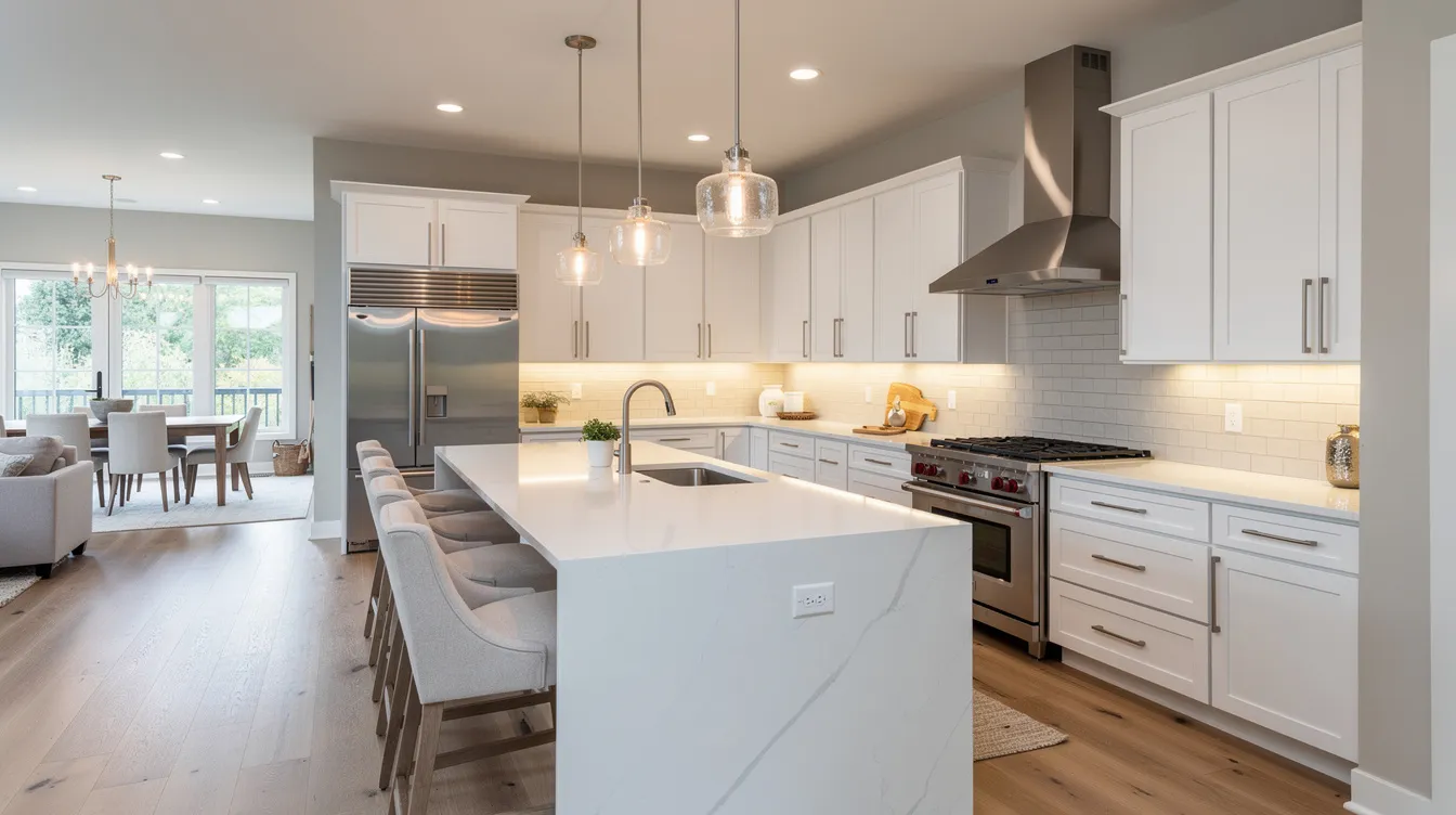 Modern white kitchen with island, pendant lights, stainless appliances, and hardwood floors