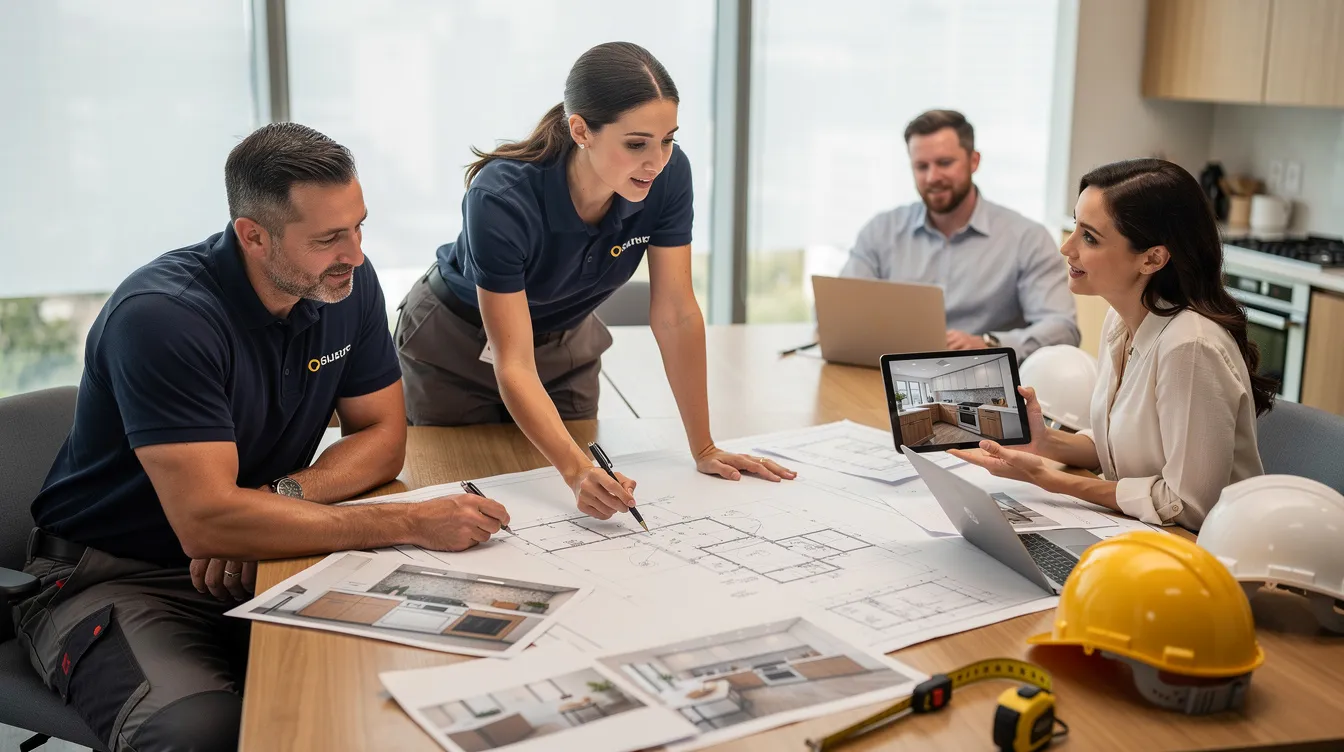 A professional contractor team is gathered around a table, reviewing detailed kitchen renovation plans that include electrical and plumbing alterations, while ensuring compliance with local building codes and the necessary permits required for the project. They are discussing aspects like flooring updates, cabinet hardware replacement, and the permit application process to avoid costly fines.