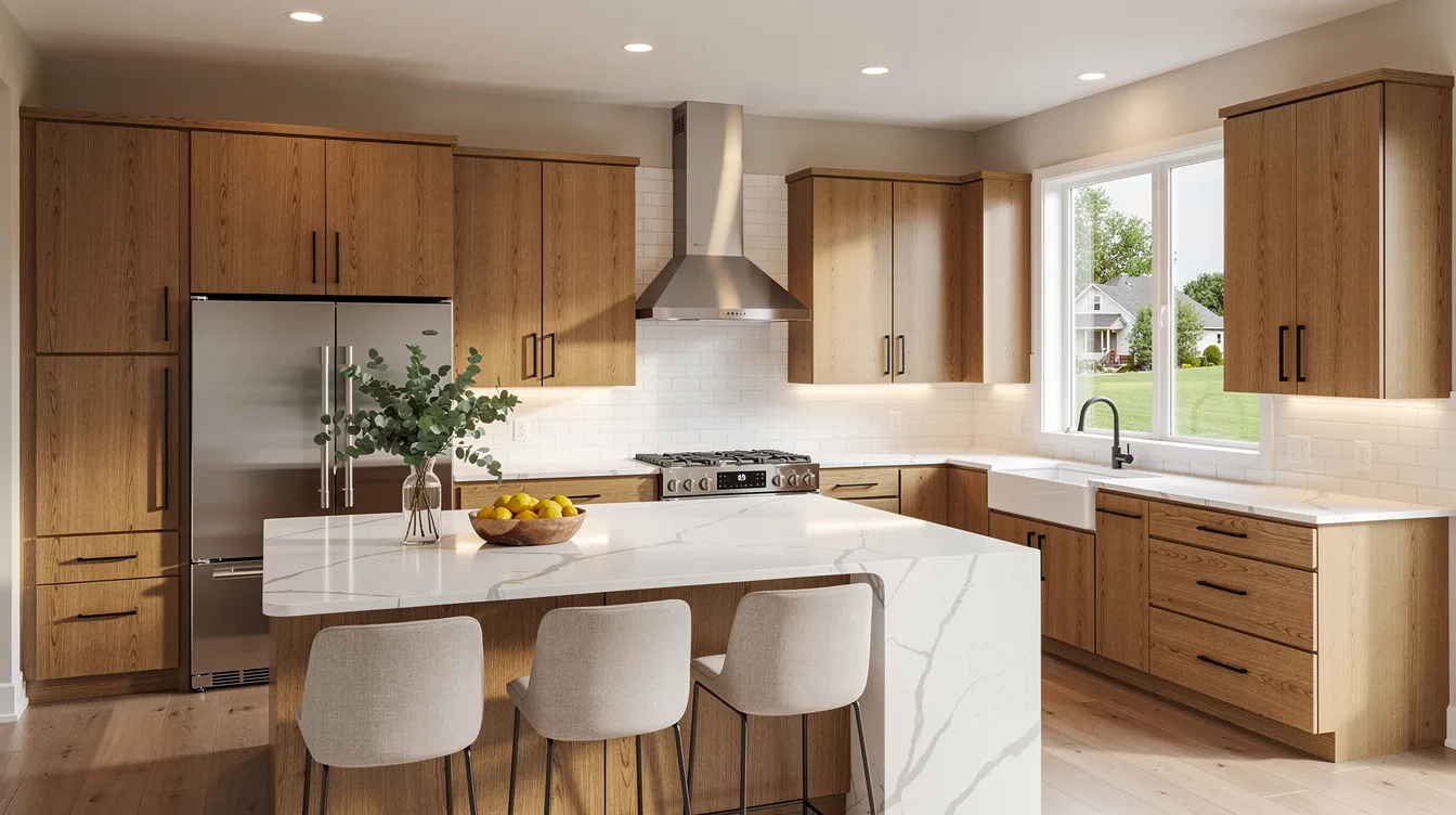 The image depicts a modern renovated kitchen featuring warm wood cabinets and elegant quartz countertops, showcasing a thoughtful design that enhances the kitchen space in a suburban home. This complete transformation reflects the high-quality products and craftsmanship typical of a trusted kitchen remodeling company.