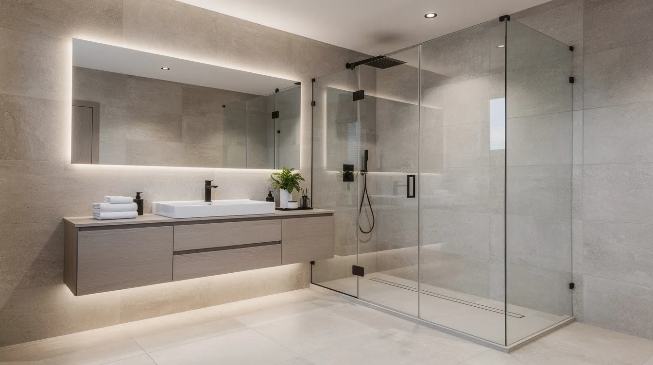 Modern minimalist bathroom with floating vanity, large mirror, and glass-enclosed shower
