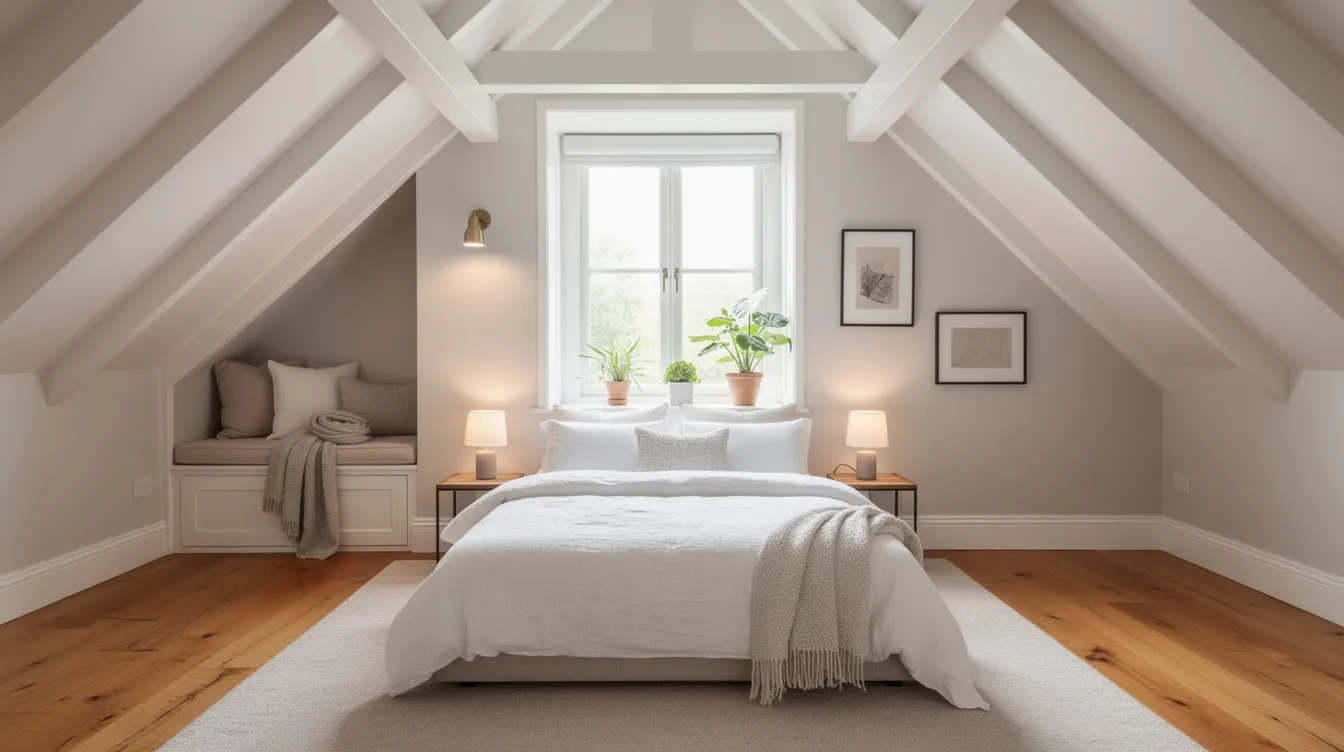 Bright attic bedroom with a white bed, skylight window, and two bedside lamps on wooden floors