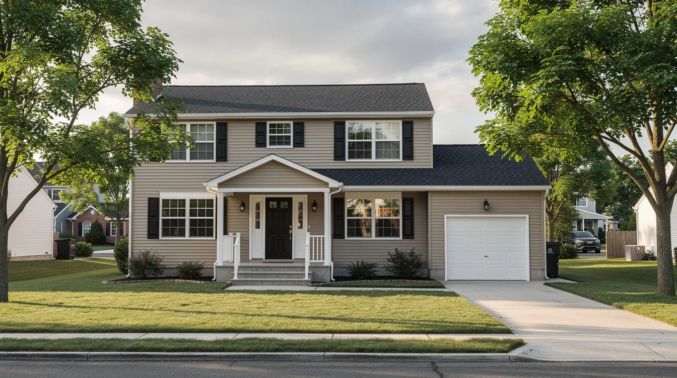 The image depicts a typical family home in Essex County, NJ, featuring attractive vinyl siding that enhances the home's curb appeal. The quality workmanship and durable materials used in the siding installation reflect the craftsmanship valued by Essex County homeowners.