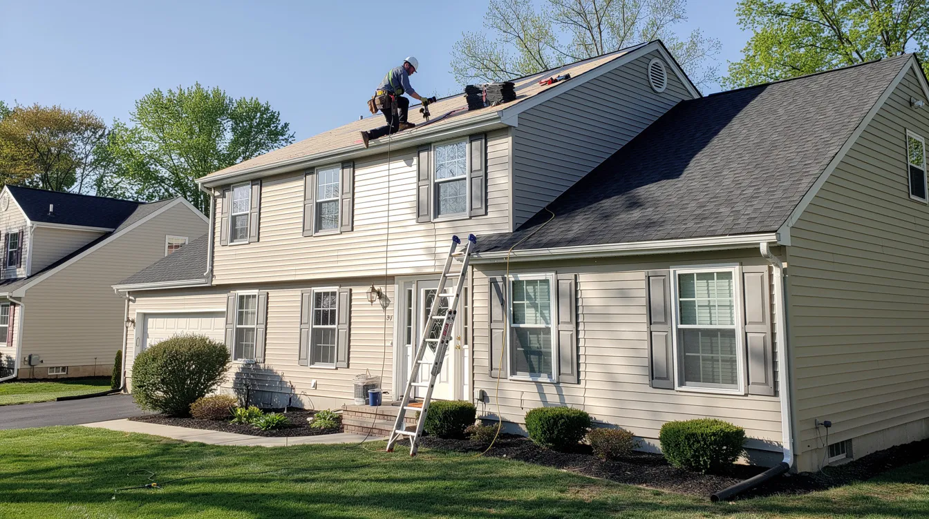 The image depicts a skilled roofing contractor working diligently on a home's roof in Union County, NJ, showcasing quality craftsmanship as they install asphalt shingles. The contractor is focused on ensuring the roof's integrity, reflecting the pride and professionalism associated with licensed roofing services in the community.