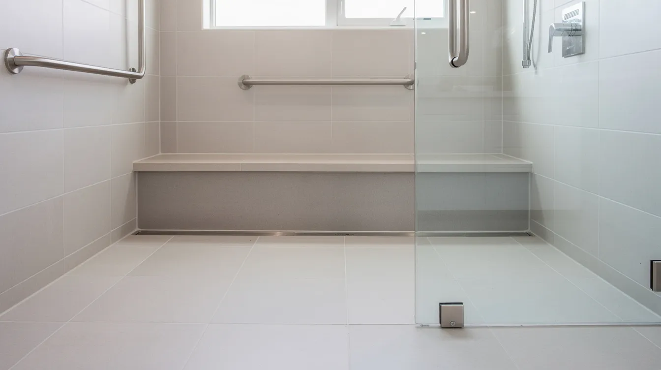 The image depicts a spacious curbless walk-in shower featuring a built-in bench seat and stainless steel grab bars, complemented by large non-slip porcelain floor tiles. This design is part of a bathroom renovation project, showcasing modern fixtures and a professional installation that enhances both safety and style.