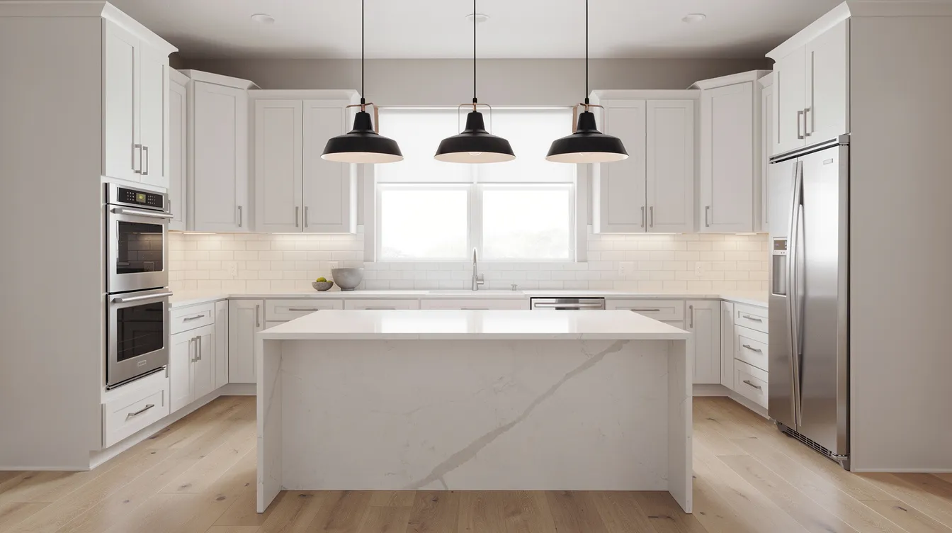 The image features a modern kitchen showcasing sleek white cabinetry and a spacious center island illuminated by stylish pendant lighting. This inviting space exemplifies contemporary kitchen design, perfect for homeowners considering kitchen remodeling or renovation projects in NJ.