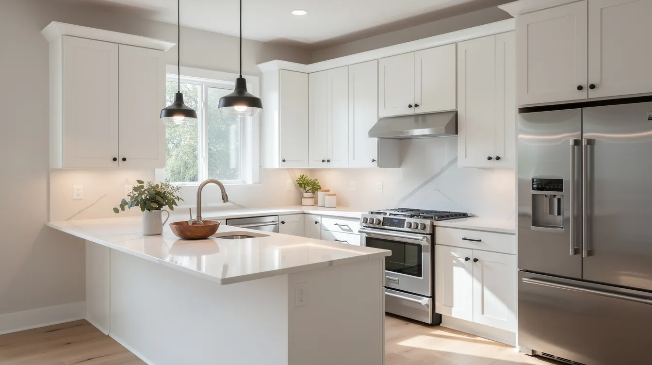 Bright white modern kitchen with island, stainless steel appliances, and pendant lights