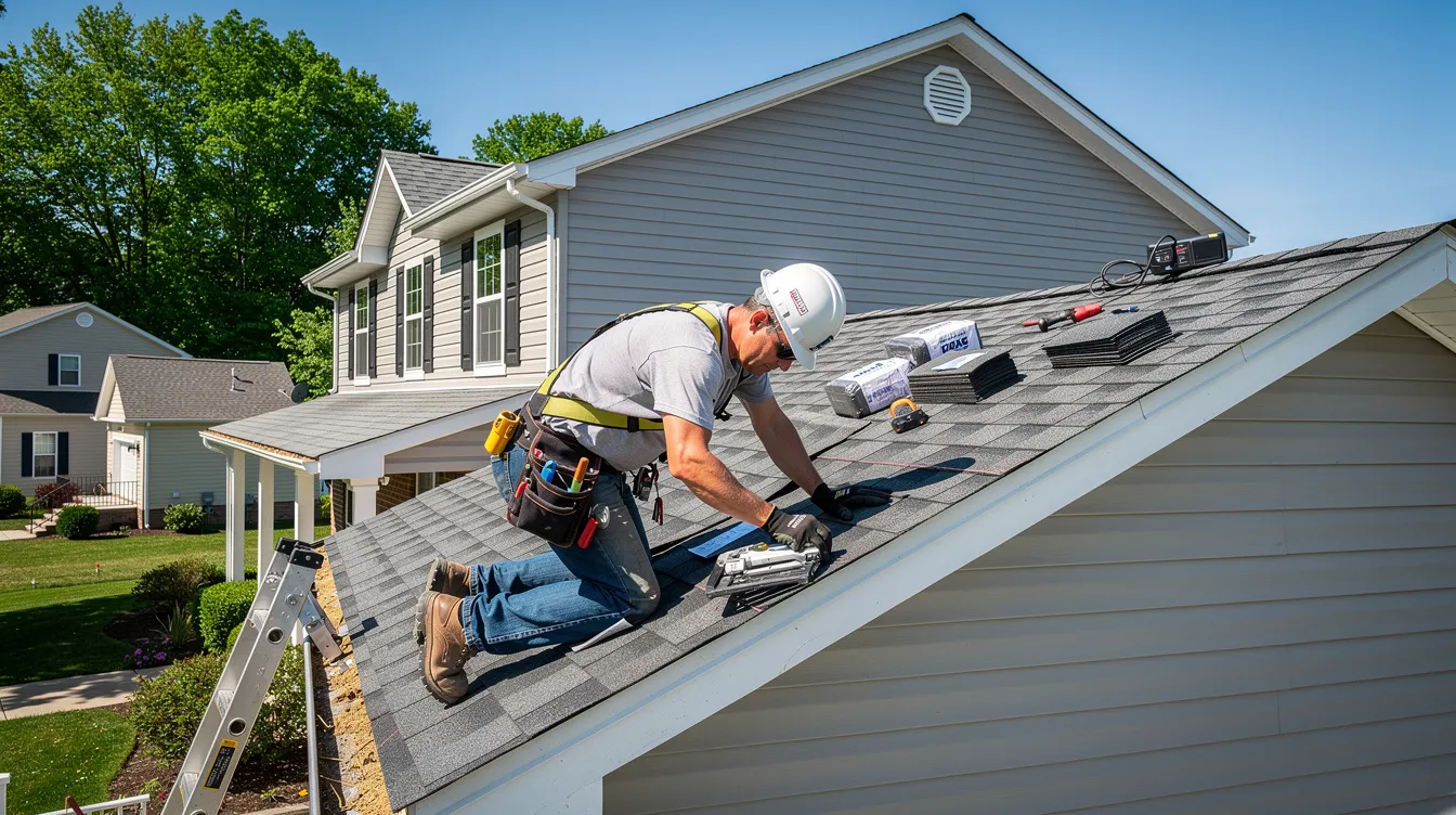 The image shows a licensed professional roofer working on a typical New Jersey style home, focusing on roof replacement with durable asphalt shingles. The roofer is part of a reliable roofing team, ensuring quality and safety while performing essential roofing services for homeowners in Paterson, NJ.