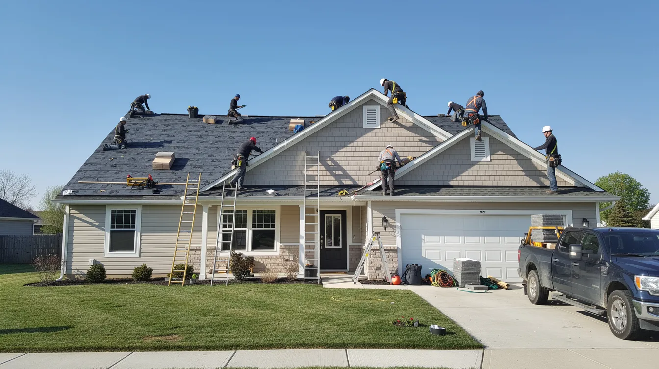 A team of workers is installing a new asphalt shingle roof on a two-story suburban home, showcasing the renovation process often undertaken by New Jersey homeowners. This project highlights the importance of skilled labor and adherence to local building codes in home remodeling efforts.