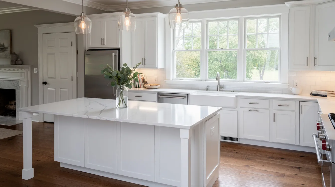 Bright white kitchen with island, large windows, and hardwood floors
