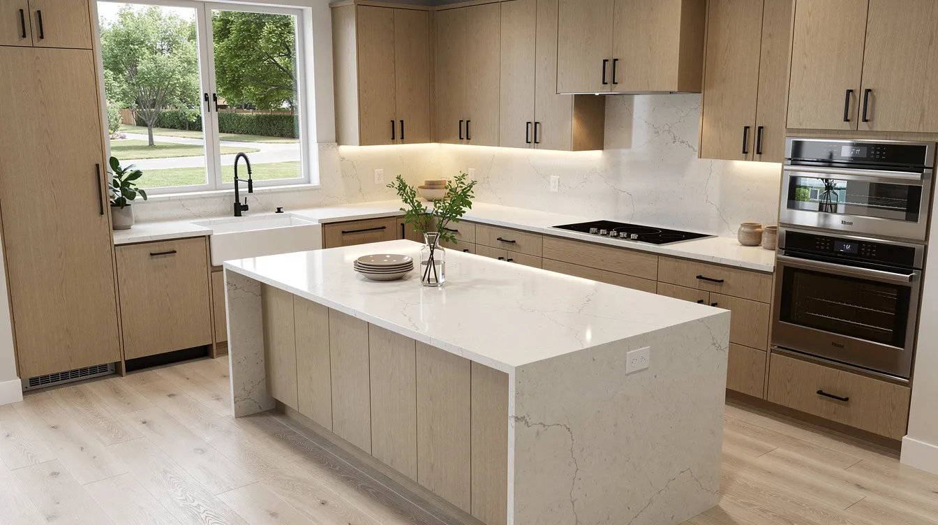 The image depicts a modern kitchen featuring warm wood cabinets and sleek quartz countertops, providing a welcoming and functional space in a suburban home. This renovated kitchen showcases superior craftsmanship and thoughtful design, perfect for homeowners looking to enhance their culinary experience.