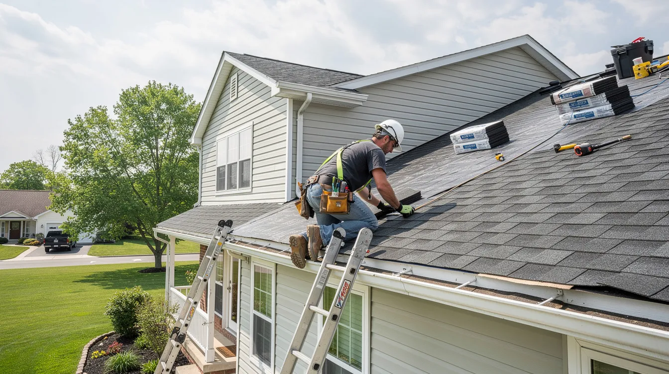 A roofing contractor is seen working on a typical family home in Sussex County, NJ, showcasing quality workmanship as they replace shingles on the roof. The scene highlights the contractor's skilled team engaged in residential roofing services, ensuring the home's exterior is protected against storm damage and weather conditions.