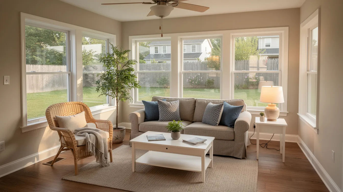 The image depicts a sunroom in a typical New Jersey home, featuring large windows that allow natural light to flood the space, creating a bright and inviting atmosphere for family gatherings. This room addition showcases skilled craftsmanship and meticulous attention to detail, enhancing the existing structure and providing a new living space for homeowners to enjoy.
