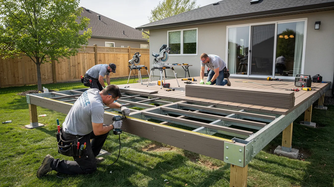 A professional deck installation crew is working diligently on a composite deck frame in a suburban backyard, surrounded by nature. The deck features rich brown tones that complement the home's traditional style, showcasing the low maintenance performance of composite decking materials.
