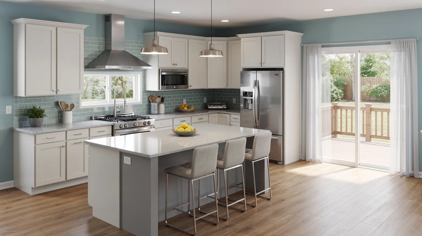 The image showcases a beautifully remodeled kitchen in a typical Ocean County, NJ home, featuring modern cabinetry, sleek countertops, and a spacious layout designed for both functionality and style. This kitchen remodeling project highlights quality materials and expert craftsmanship, creating a warm and inviting space for homeowners to enjoy.