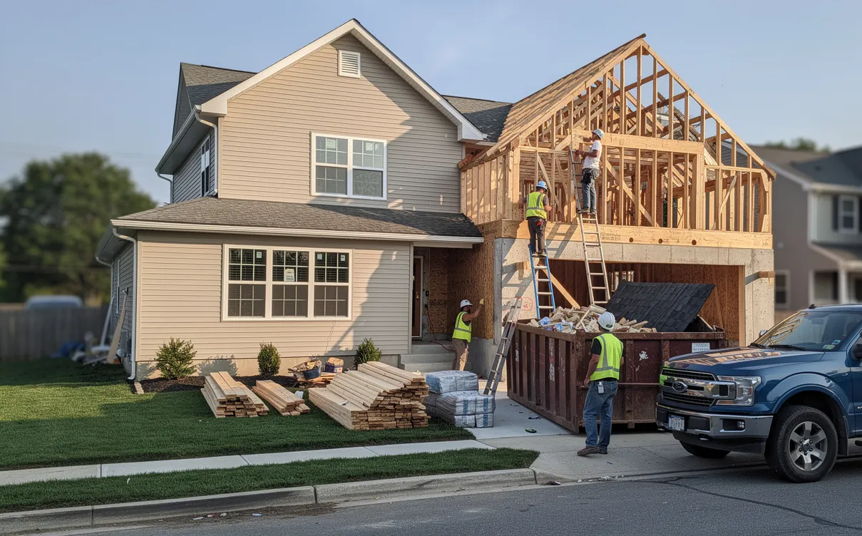 The image shows a home addition in progress at a typical New Jersey residence, with construction workers actively enhancing the existing structure. This project focuses on expanding living space with skilled craftsmanship, creating new family rooms and in-law suites to meet homeowners' needs.