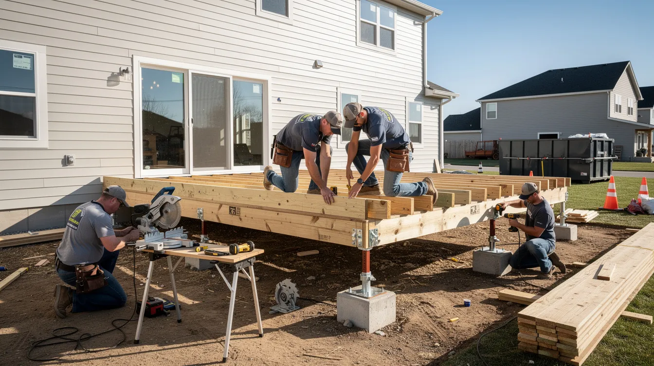 A team of professional contractors is seen installing deck framing on a residential property, preparing the structure for composite decking or wood deck boards. The scene highlights the careful placement of pressure treated lumber, ensuring a solid foundation for a new deck that promises durability and low maintenance for homeowners.