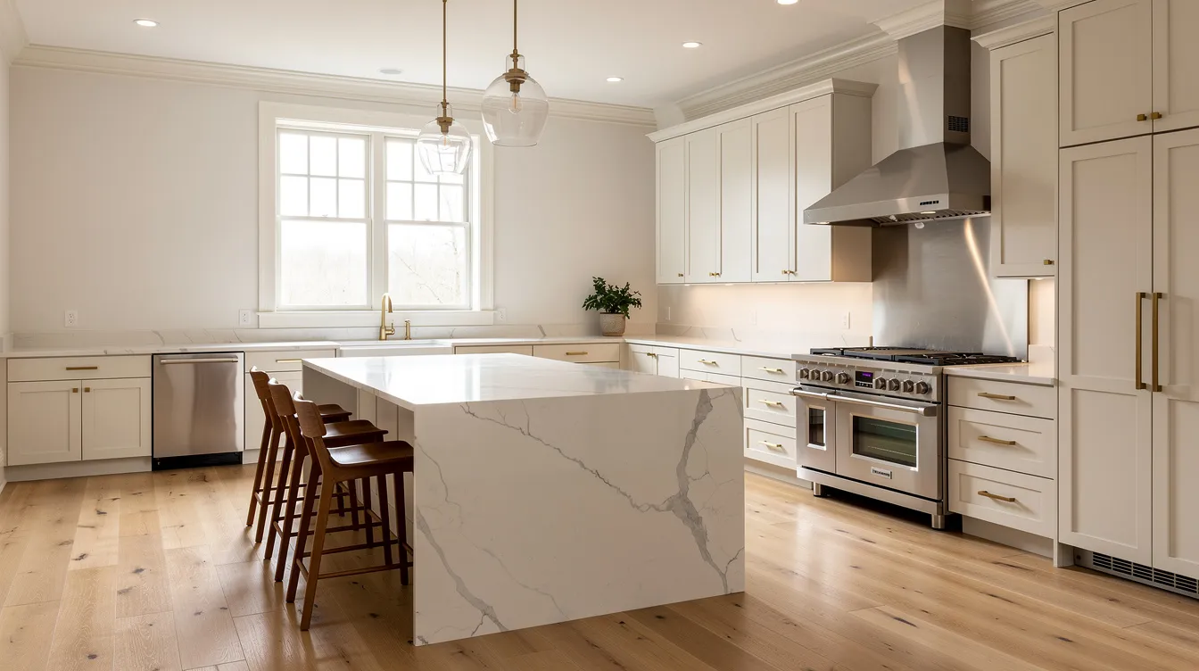 Bright modern kitchen with white cabinets, marble island, wood floors, and barstools