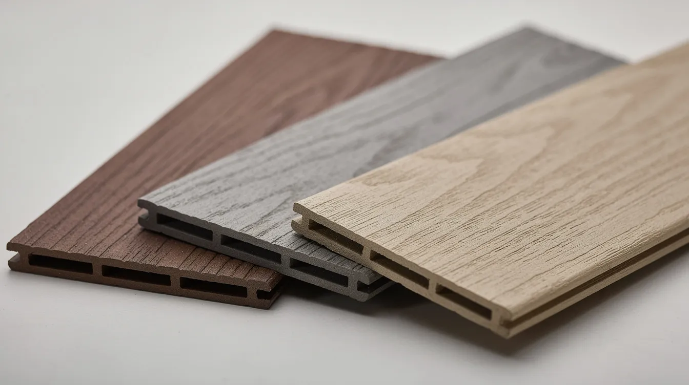 The image showcases a close-up view of several composite deck board samples in a range of colors, including rich brown, gray, and beige, highlighting their natural wood-like appearance. These composite decking colors offer homeowners a variety of options to enhance their outdoor style with low maintenance performance and a perfect match for any design aesthetic.