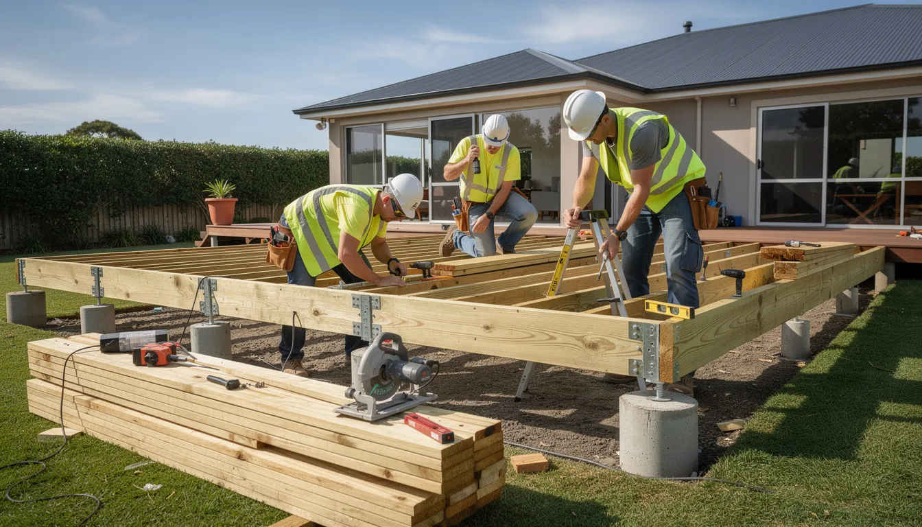A professional construction crew is busy installing deck framing under a clear blue sky, showcasing their expertise in deck building. This image captures the essence of creating a custom outdoor living space, emphasizing quality workmanship and the promise of an inviting new deck for families to enjoy.