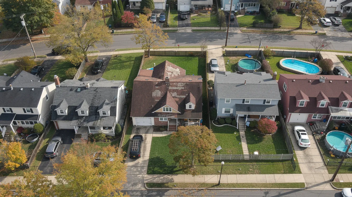 An aerial view of a suburban neighborhood in Middlesex County, New Jersey, showcases a variety of residential roof types, including aging roofs and modern installations. This image highlights the importance of roof repair and replacement services for NJ homeowners, emphasizing the need for maintenance to prevent structural damage.
