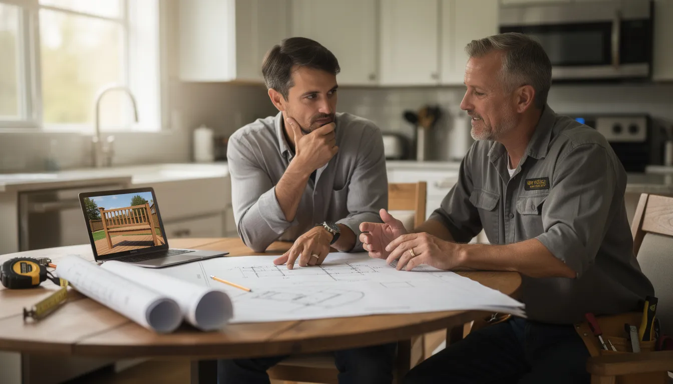 A homeowner and a contractor are seated at a kitchen table, reviewing detailed deck plans together, discussing ideas for a custom deck that will enhance their outdoor living space. The scene reflects a collaborative effort in the deck construction process, emphasizing quality workmanship and the vision for a dream deck.