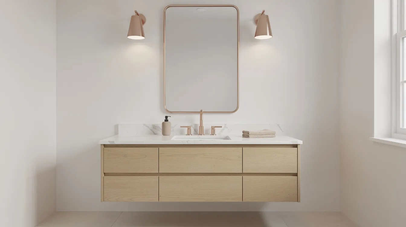 The image depicts a stylish bathroom vanity area featuring champagne bronze fixtures, warm white walls, and a modern floating wood vanity, showcasing a blend of elegance and functionality typical of a bathroom remodel. This design emphasizes quality craftsmanship and creates a welcoming space for homeowners.