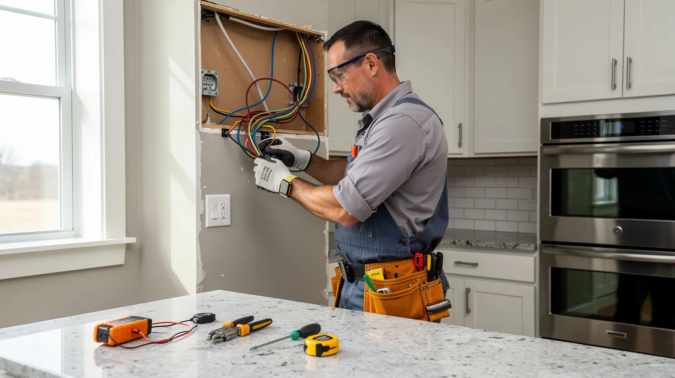 A professional electrician is seen installing new electrical wiring in a residential kitchen, ensuring compliance with local building codes and permit requirements for the kitchen remodel. The electrician is focused on safely adapting the electrical system to accommodate new appliances and fixtures while following the necessary permit application process.