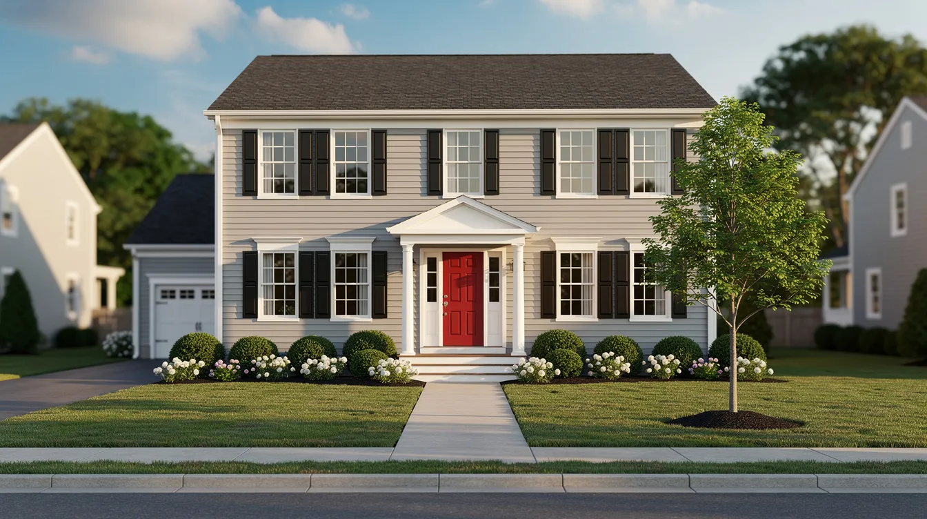 Two-story suburban house with white siding, black shutters, red front door, and a front lawn