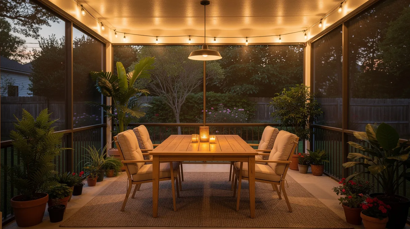 The image depicts a cozy screened porch dining area, adorned with ambient lighting and vibrant potted plants, creating an inviting outdoor living space. Comfortable chairs surround a dining table, allowing for enjoyable meals with fresh air and a gentle breeze, perfect for year-round relaxation.
