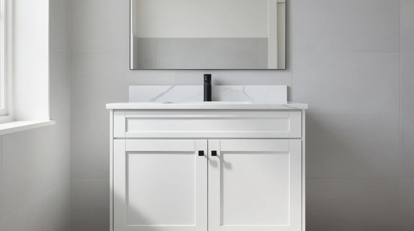 The image showcases a bright bathroom vanity area featuring a white Shaker-style cabinet with a sleek quartz countertop and a modern matte black faucet, all set against large-format light gray wall tiles. This elegant design is perfect for bathroom renovations, highlighting the importance of quality fixtures and professional installation.