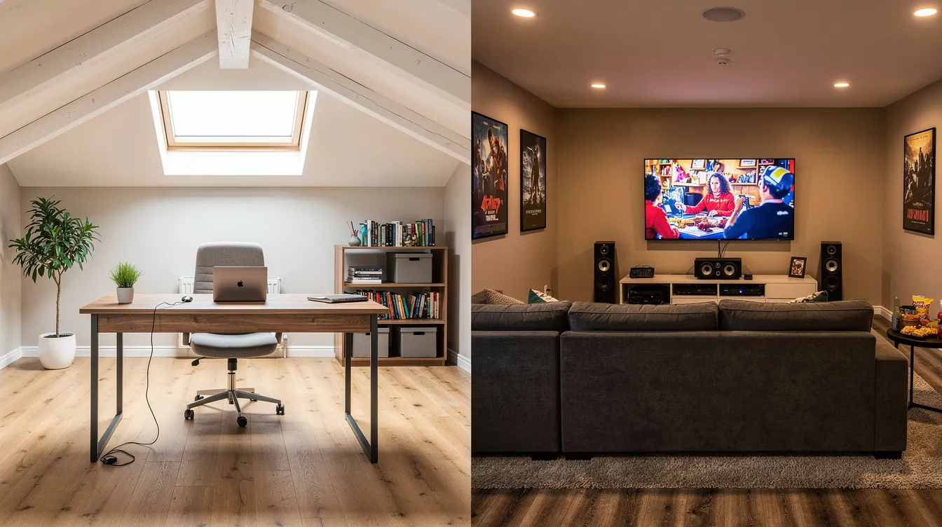The image displays a split comparison between a finished attic office space, featuring modern decor and ample natural light, and a finished basement entertainment room, complete with comfortable seating and a large screen for viewing. Both spaces are examples of successful attic renovations and basement remodels in well-maintained suburban homes, showcasing the potential of unused space for functional living areas.
