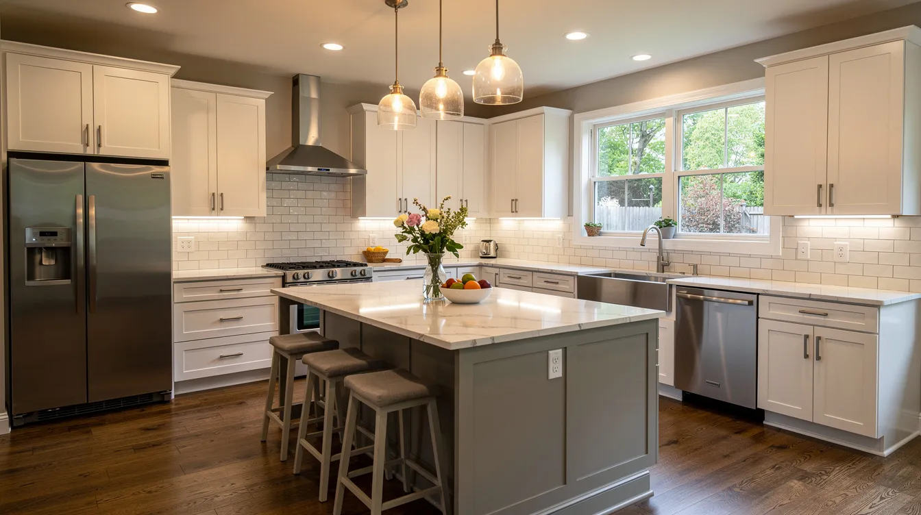 The image depicts a beautifully remodeled kitchen in Bergen County, NJ, showcasing modern cabinetry, sleek countertops, and a spacious layout ideal for residential renovations. This transformation reflects the expertise of reputable contractors, emphasizing quality and attention to detail in home remodeling projects.