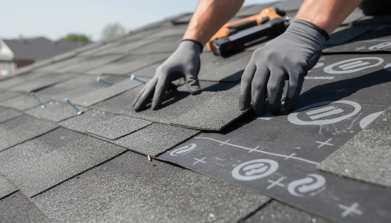 A close-up view of hands carefully installing architectural shingles on a roof, showcasing the visible underlayment beneath. This image highlights the quality workmanship typical of roofing services in northern New Jersey, emphasizing the importance of durable materials for long-lasting protection against the elements.