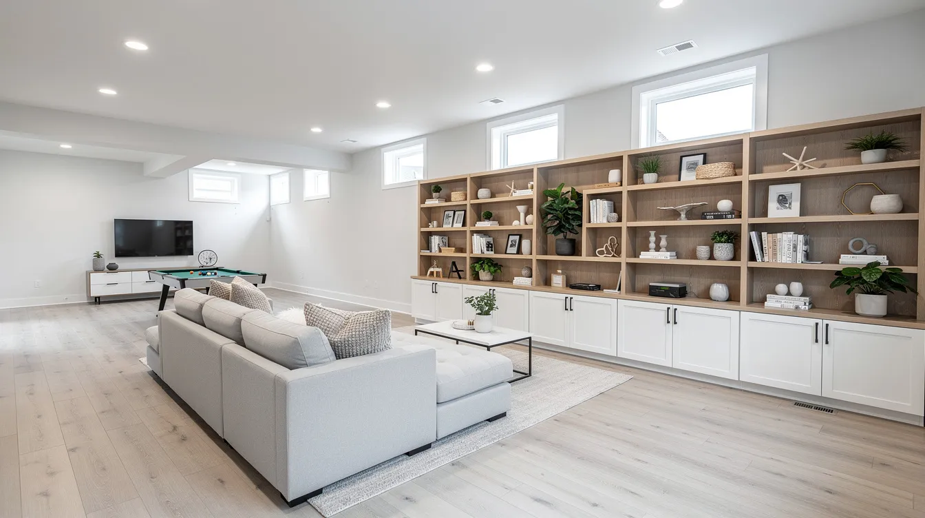 The image depicts a bright, modern finished basement featuring open living zones with recessed lighting and built-in shelving along one wall, ideal for homeowners looking to elevate their lifestyle through basement remodeling. The space is designed for comfort and functionality, perfect for entertaining or relaxing.
