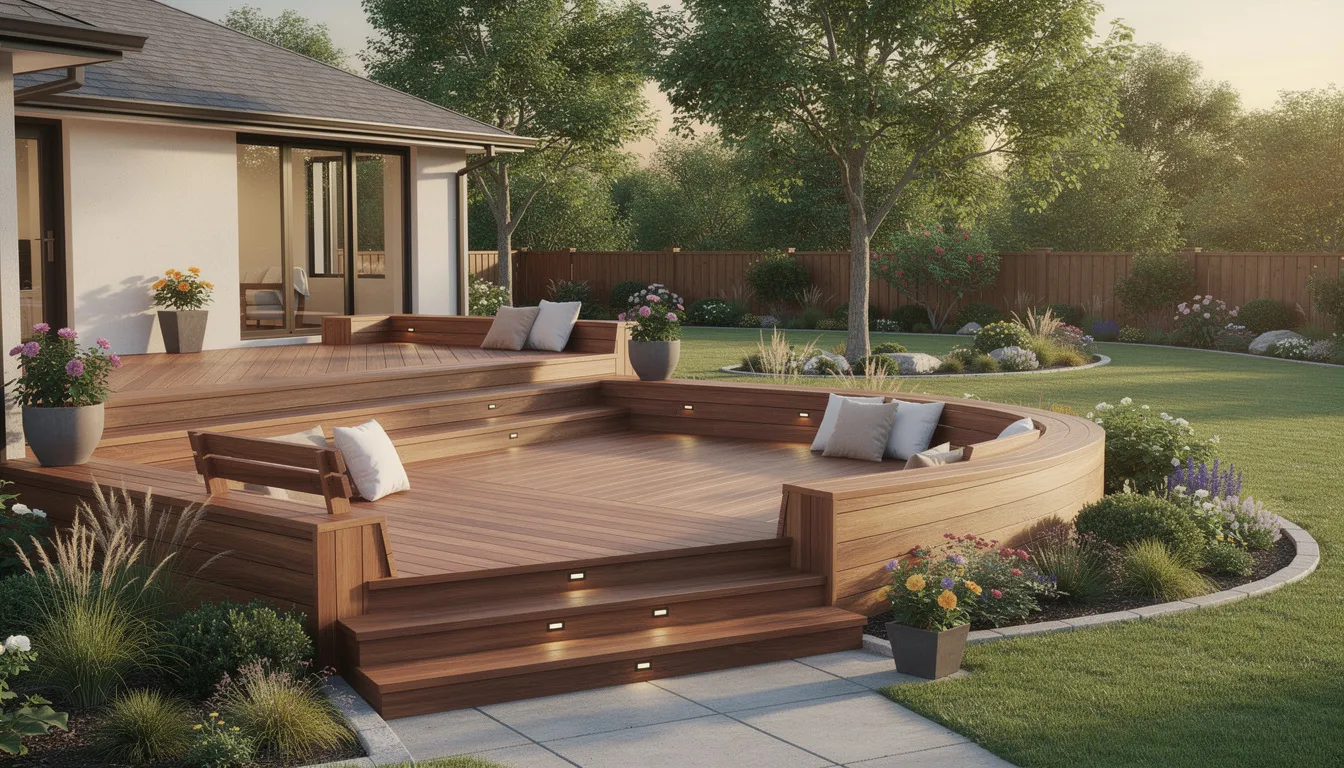 The image depicts a multi-level wooden deck featuring built-in benches, providing an inviting outdoor living space that overlooks a beautifully landscaped backyard. This custom deck showcases quality workmanship and is ideal for family gatherings and relaxation in New Jersey.