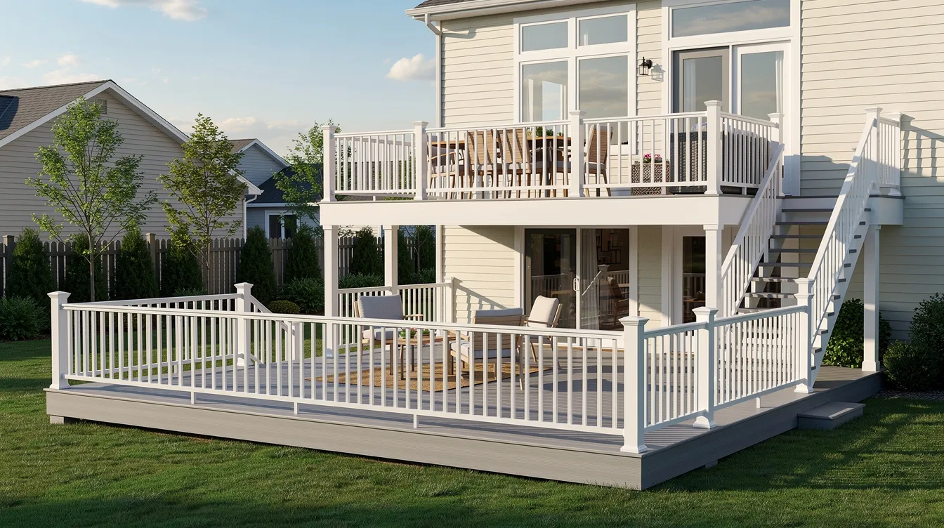 The image features a two-level composite deck with sleek grey boards and crisp white railings, situated behind a suburban home, creating a contemporary outdoor style. This low maintenance deck enhances the beauty of the space, offering a perfect match for the neutral tones of the siding.