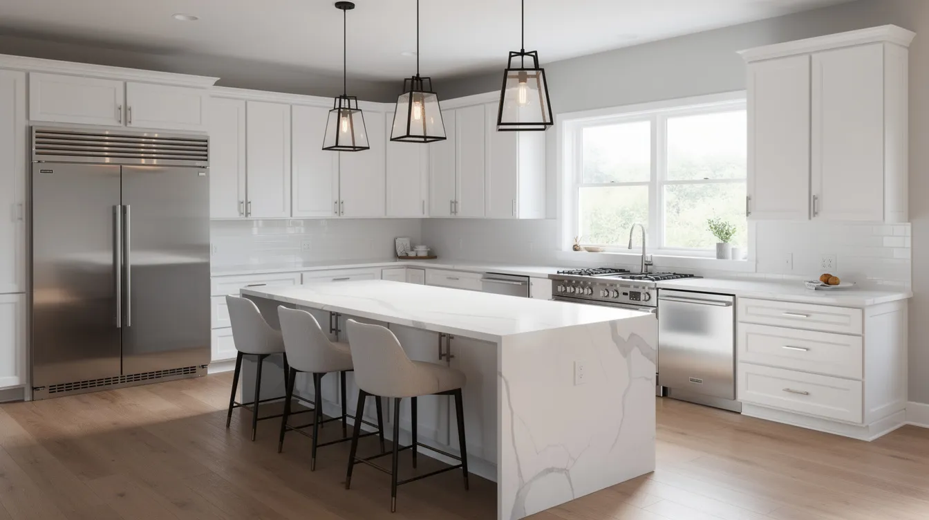 The image shows a modern kitchen featuring sleek white shaker cabinets and elegant quartz countertops, complemented by a spacious center island adorned with stylish pendant lights. This kitchen remodeling project embodies quality craftsmanship and a contemporary design, perfect for enhancing any home.