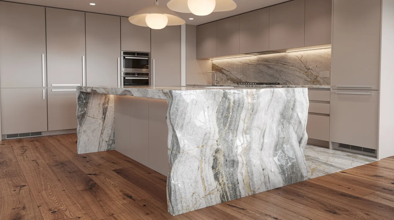 The image showcases a dramatic marble waterfall island in a modern kitchen, featuring elegant veined stone flowing down the sides, complemented by warm wood flooring beneath. The design highlights clean lines and natural materials, creating a luxurious feel in this contemporary kitchen space.
