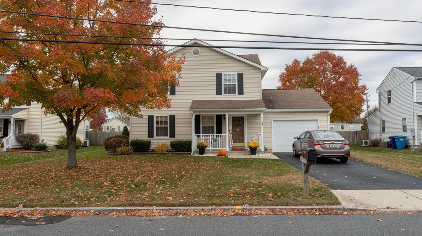 Suburban house with beige siding, autumn trees, and a car parked in the driveway under cloudy skies