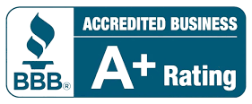 BBB Accredited Business A+ Rating logo in blue and white